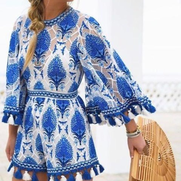 Dresses & Skirts - 💙 SALE❗️Blue and White Romper with Tassels
